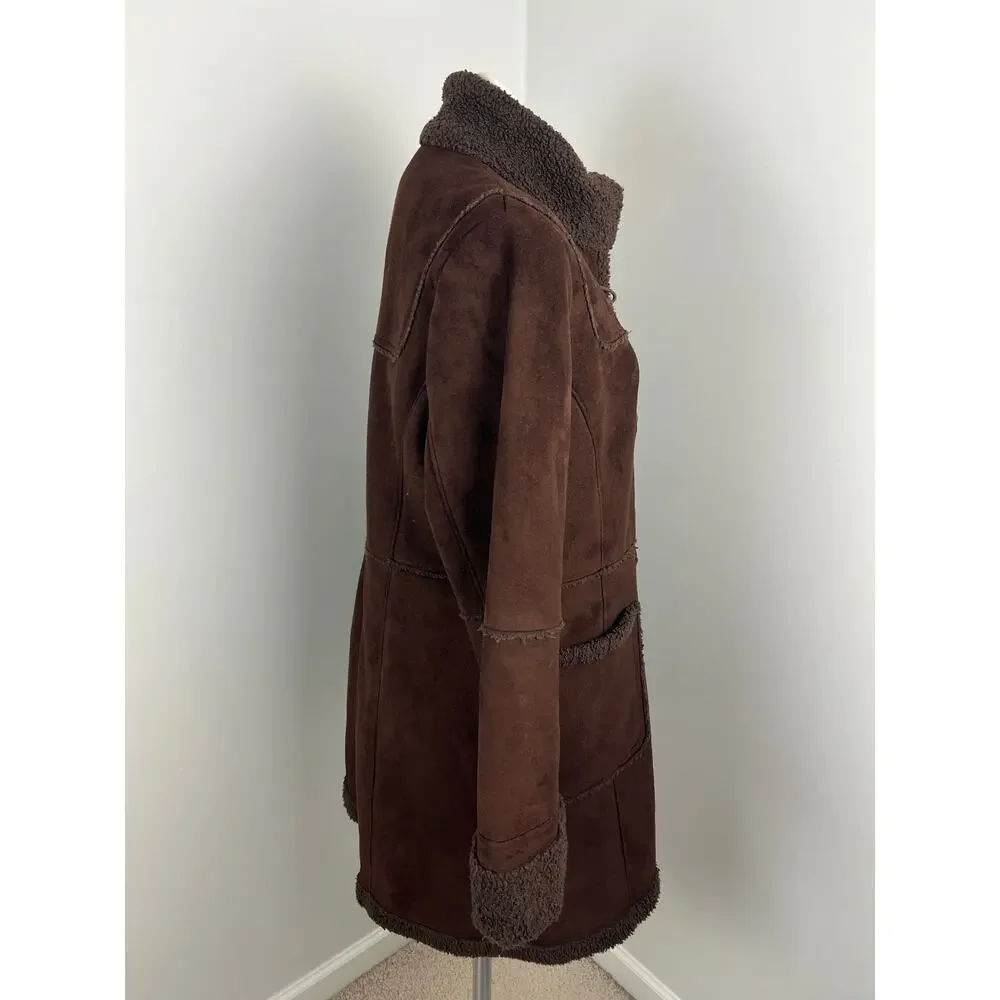 Vintage Talbots Chocolate Brown Faux Fur Trim Suede Toggle Coat Petite Large - Picture 2 of 8